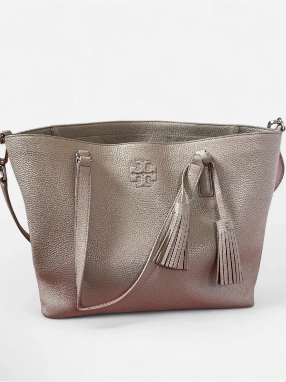 Tory Burch Metallic Taupe Pebbled Leather Tote with Tassels